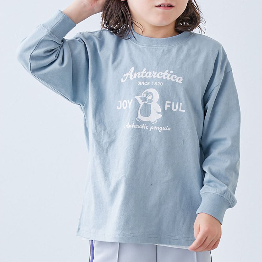 100%棉 寬鬆版型縮口長袖上衣-可愛企鵝-霧藍