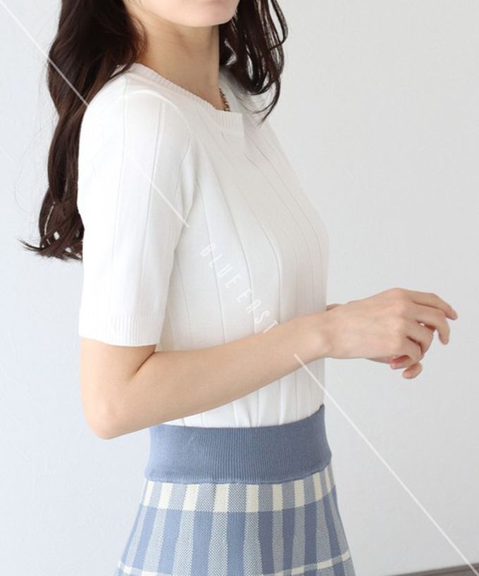 日本 BLUE EAST - 羅紋彈性薄針織五分袖上衣-薄荷綠