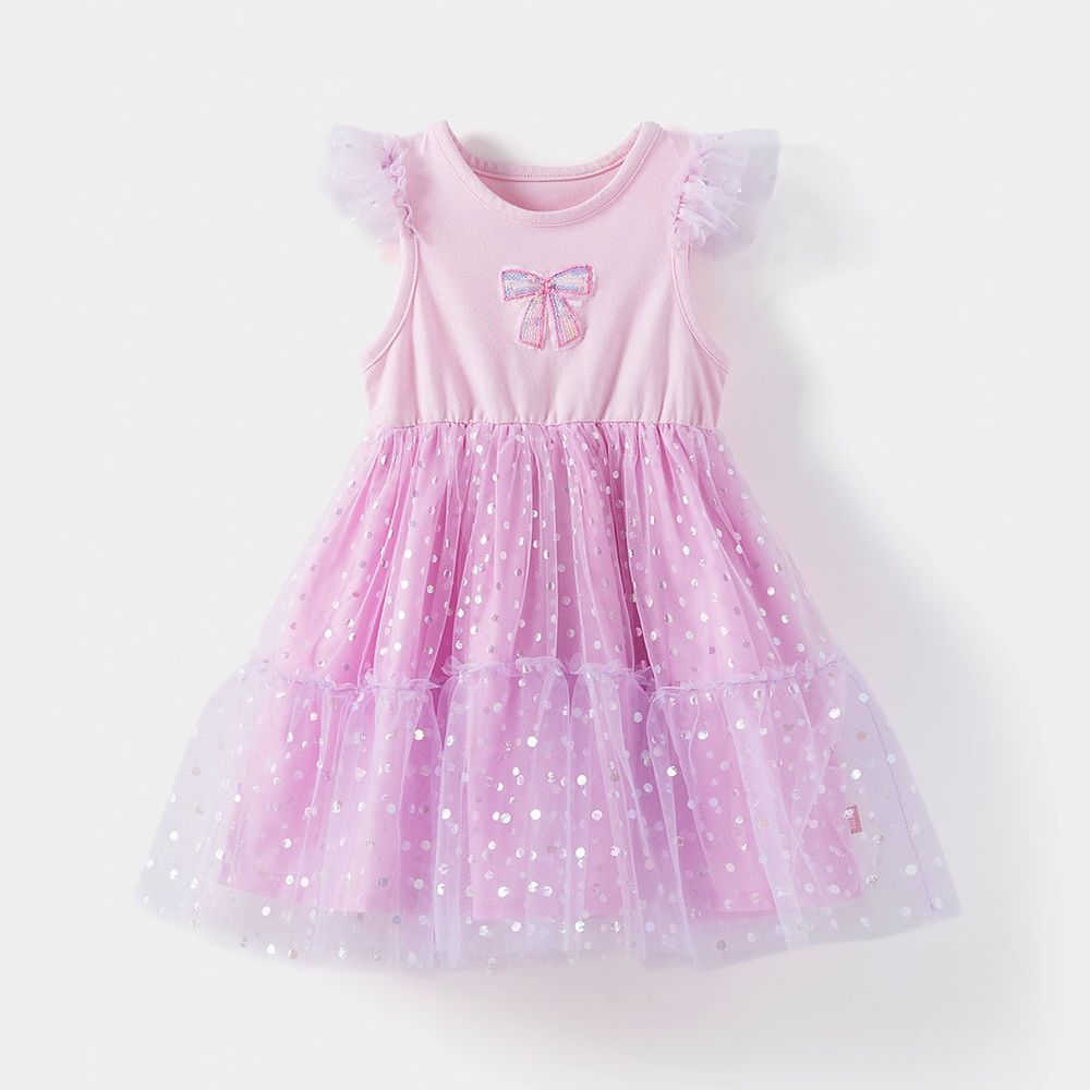 浪漫閃閃圓點網紗飛袖洋裝-粉