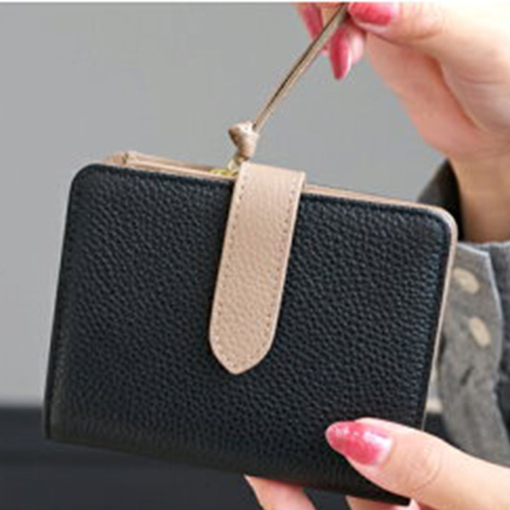 14口袋高收納力真皮對折式中夾-黑x棕 (12x9.5cm)