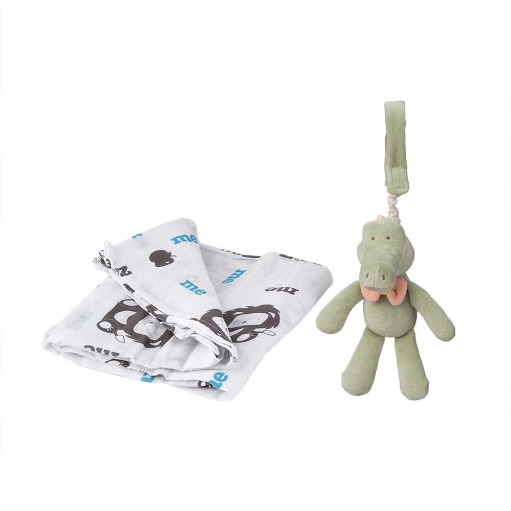 以色列 mezoome - 有機棉精品床寢-新生寶貝超值組-土耳其藍-紗布包巾+吊掛小玩偶 阿里鱷魚