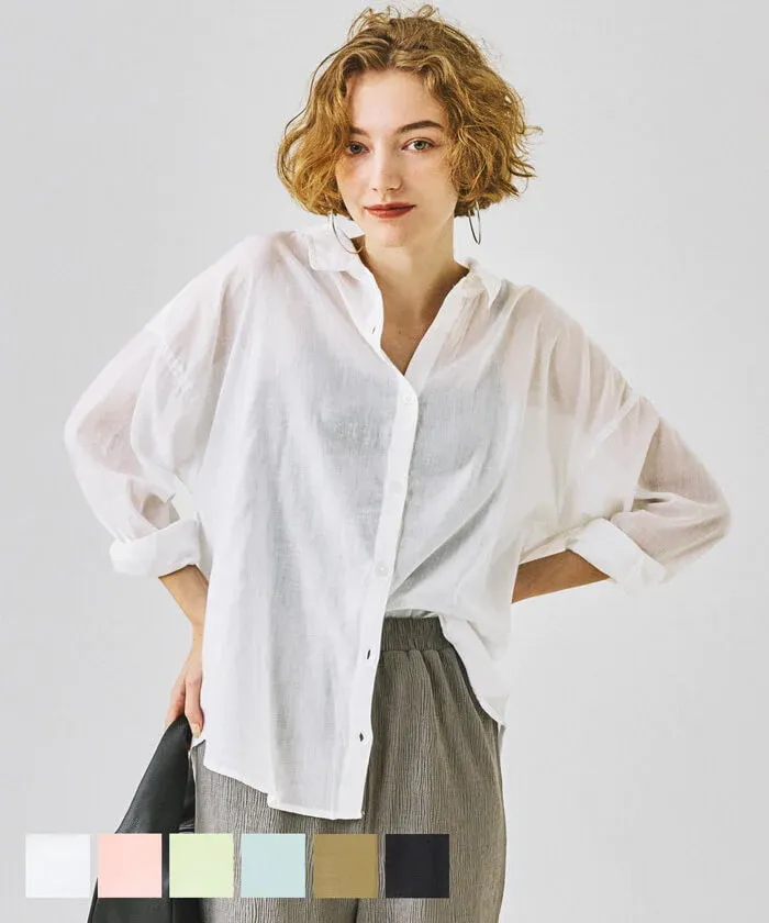 日本 COCA - 純棉透感薄長袖襯衫/薄外套-白