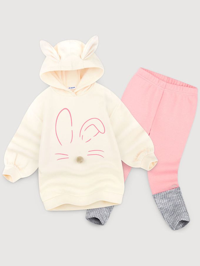 韓國 Jelispoon - 可愛兔子連帽長版套裝(內刷毛)-紫X灰