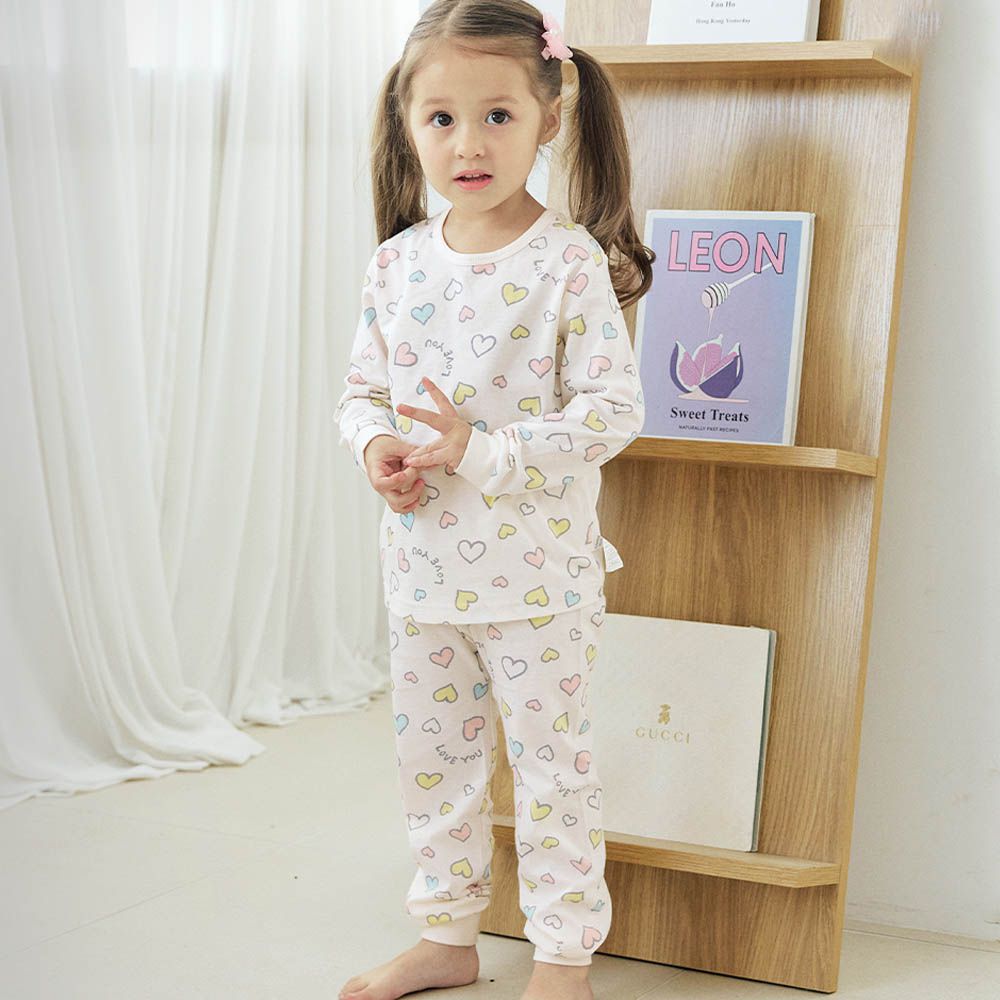 細緻柔棉薄長袖家居服-手繪彩色愛心-淡粉