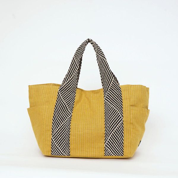 日本 COOCO - 棉麻條紋拼接手提包-黃 (27.5x24x16cm)