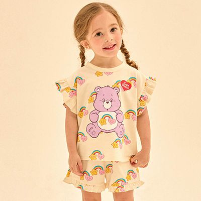 韓國 Care Bears - 聯名款心星彩虹熊荷葉短袖套裝-米黃