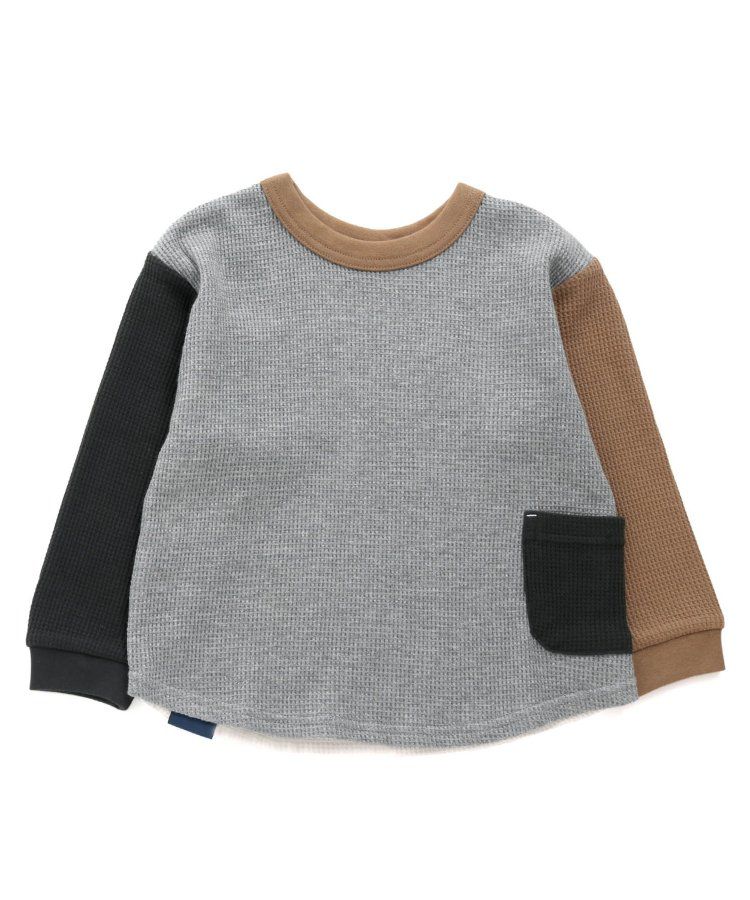 日本 BREEZE - 正反OK！柔軟華夫格長袖上衣-撞色-黃綠灰