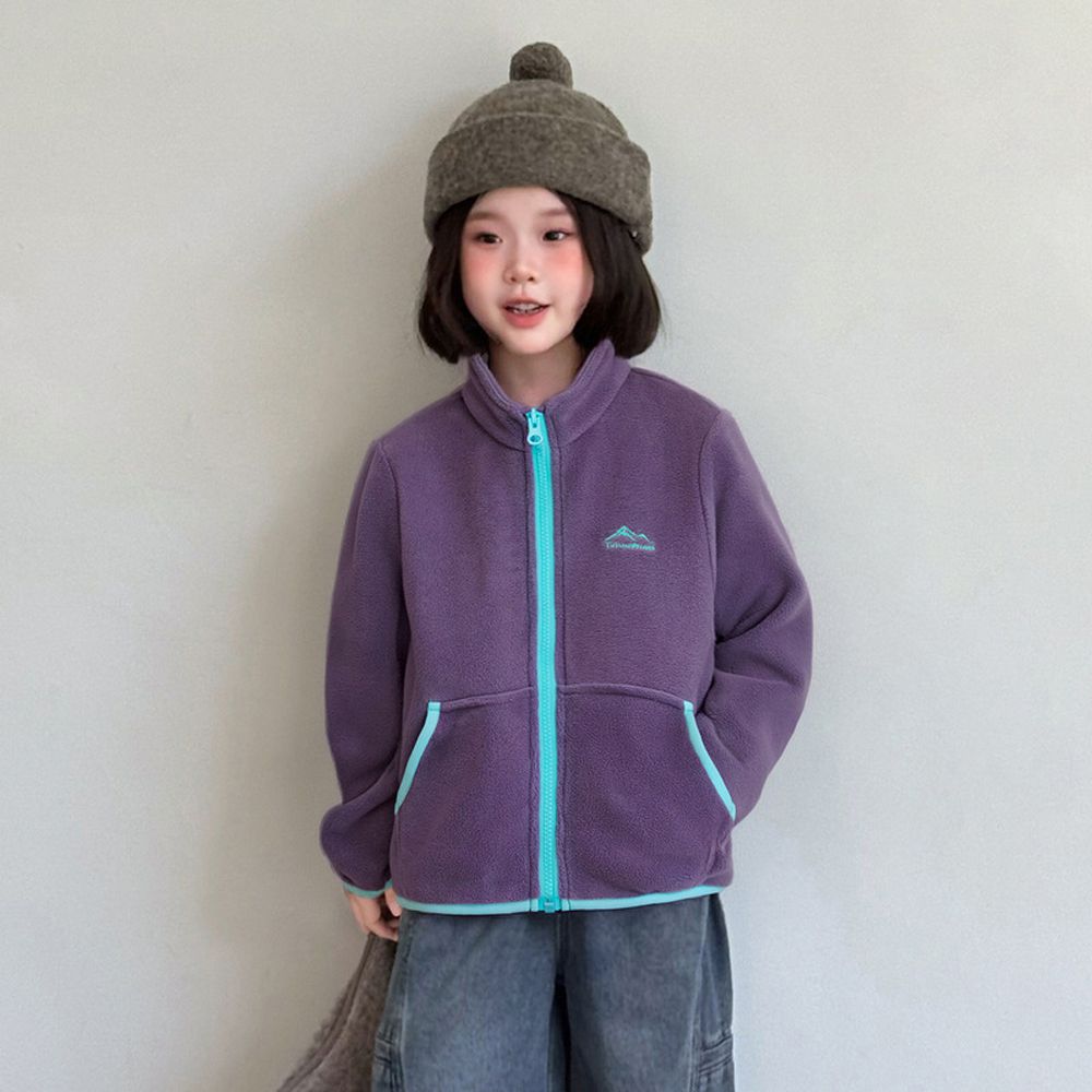 抗靜電撞色拉鍊保暖搖粒絨外套-紫色