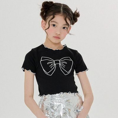 韓國 FORK CHIPS - 蝴蝶結刺繡木耳邊短袖上衣-黑