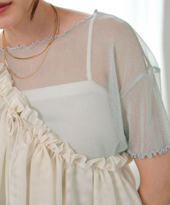 日本 Bab - 華麗微亮透明木耳短袖上衣-(無內裡)-粉紅