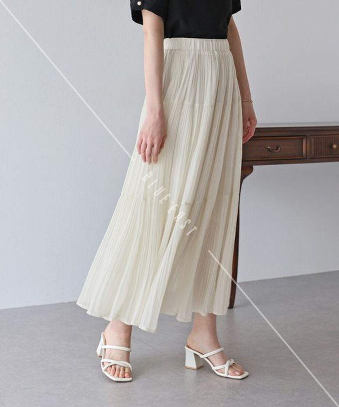 日本 BLUE EAST - 優雅細摺雪紡分層鬆緊長裙-黑 (M)