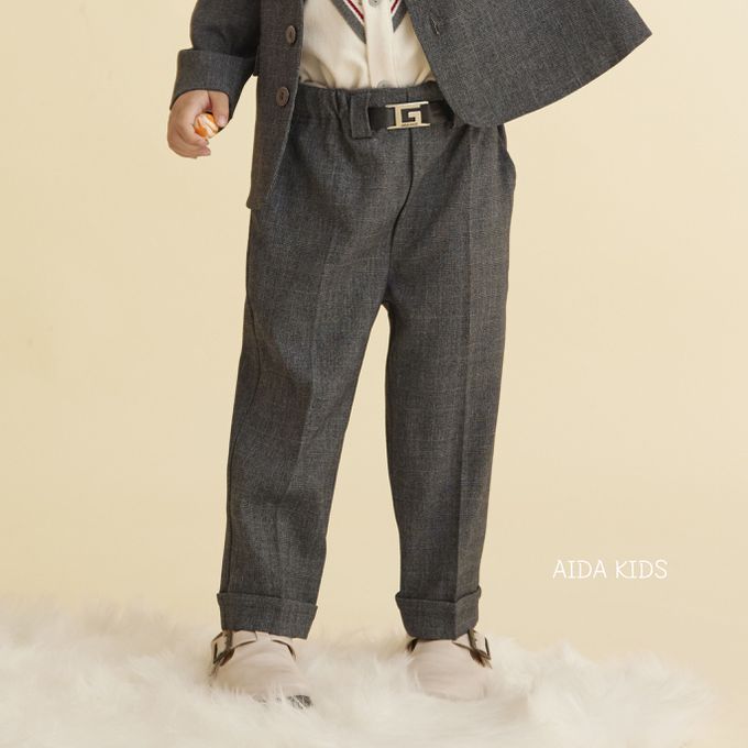 韓國 AIDA - 裝飾腰帶鬆緊腰直筒長褲-黑灰