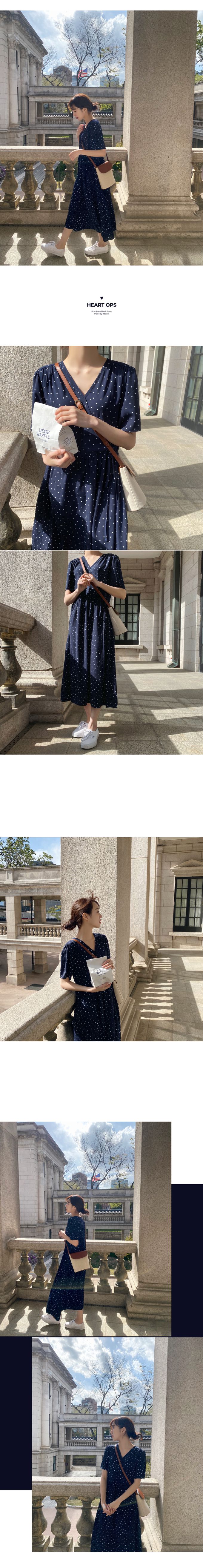 韓國 98doci - 滿版小愛心V領連身洋裝-深藍