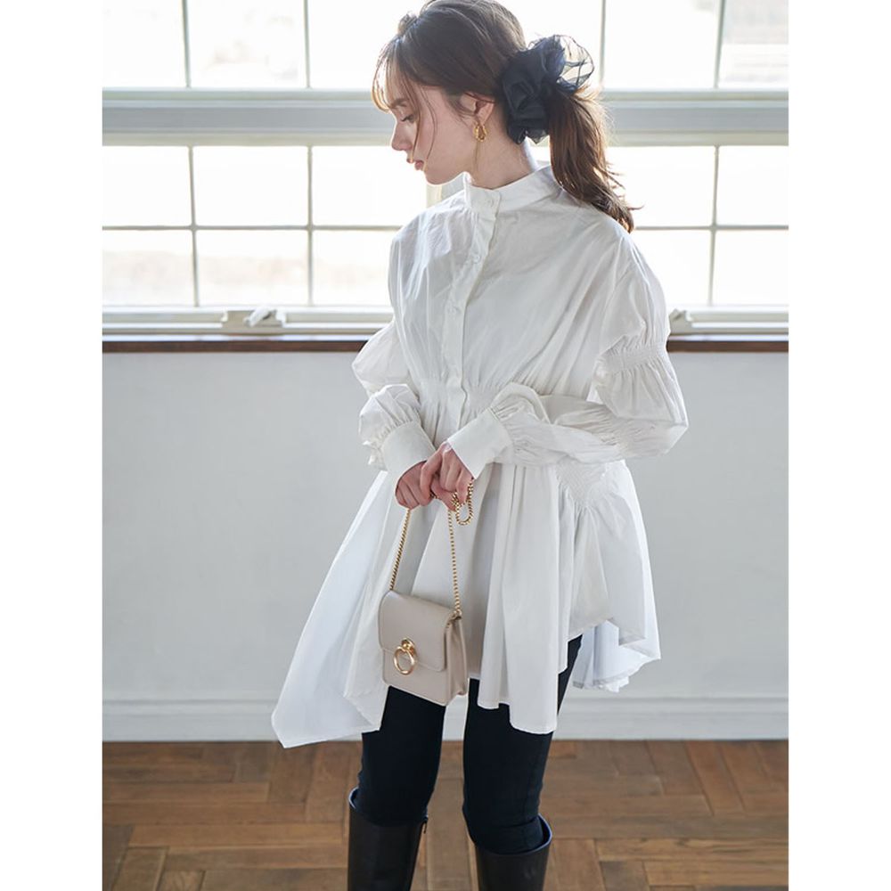 日本 GRL - 不規則長度衣襬抓皺設計長袖襯衫-白