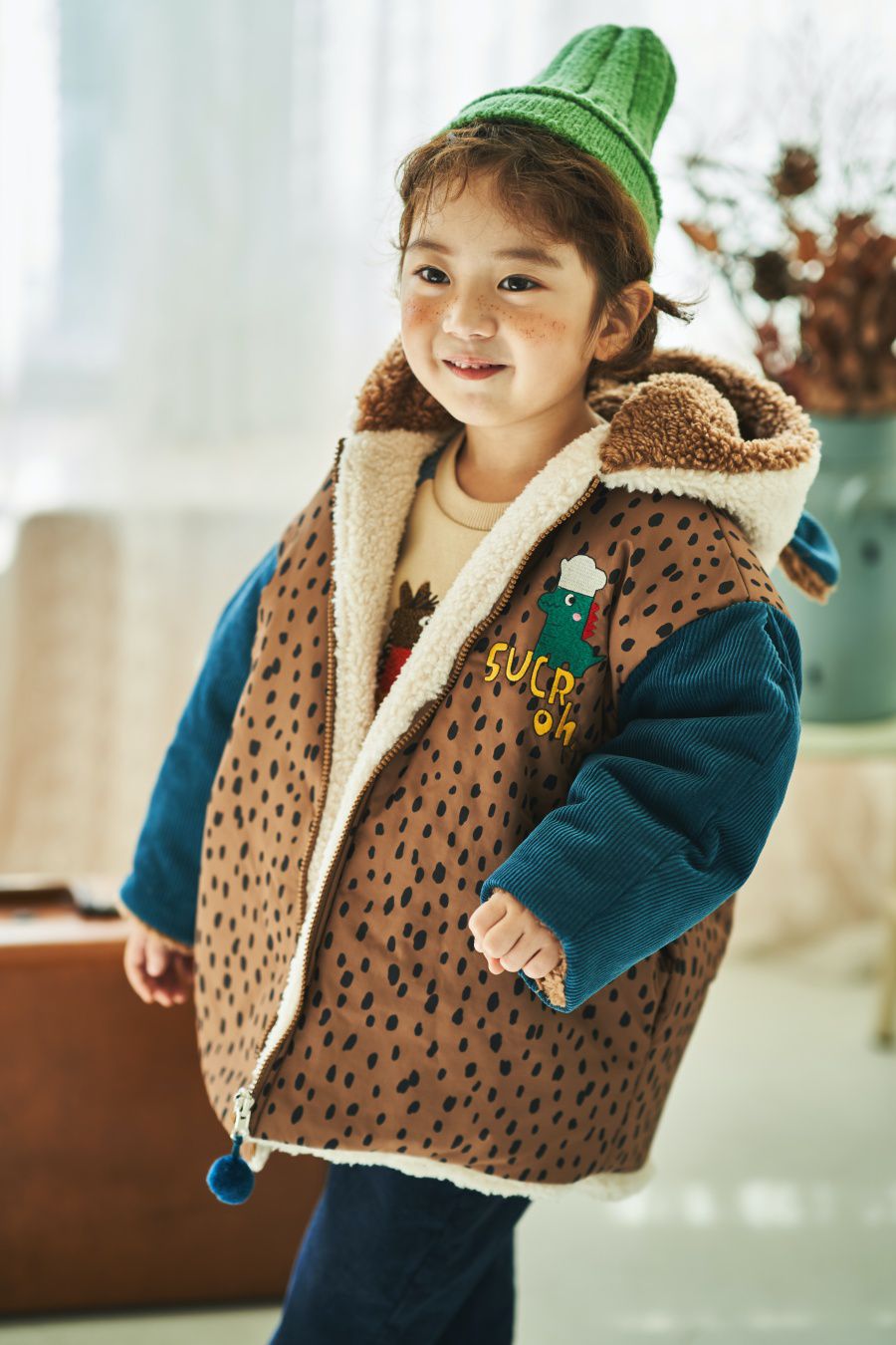 韓國 Mimico - (雙面可穿)熊耳朵豹紋外套-咖啡X藍綠