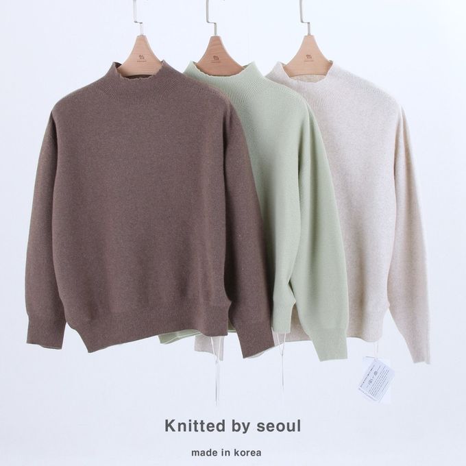 韓國女裝連線 - 斜角側開衩混羊毛針織長袖上衣-可可 (FREE)