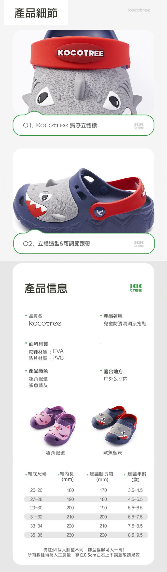 kocotree - 兒童防滑洞洞涼拖鞋-鯊魚藍灰