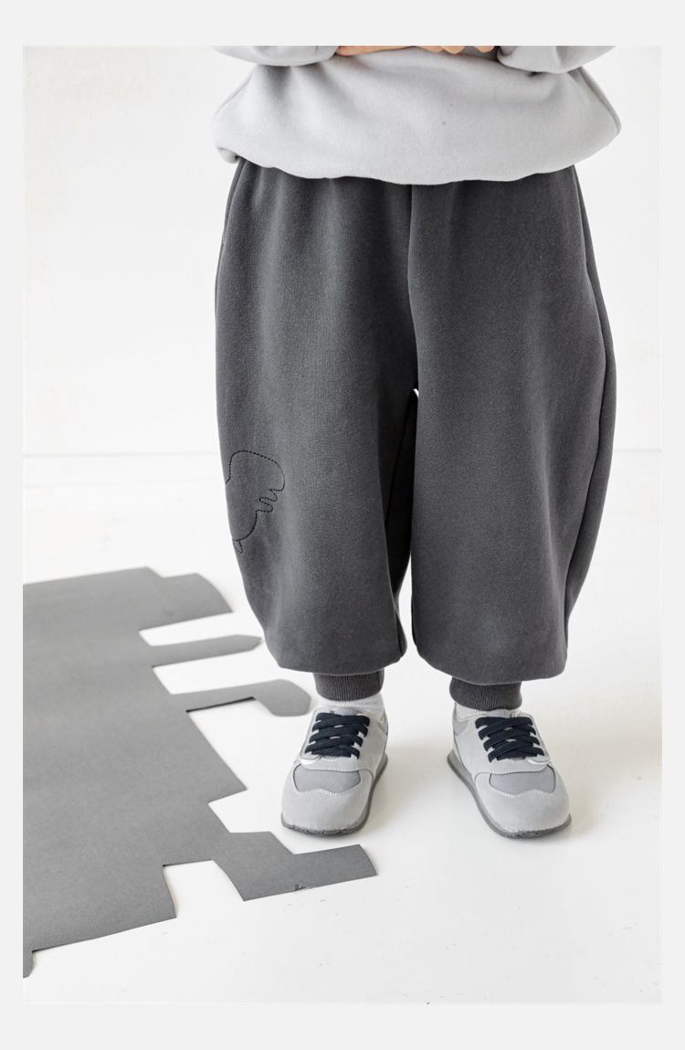 TONGMO - (加絨)腰鬆緊休閒束口長褲-描邊恐龍-深灰色