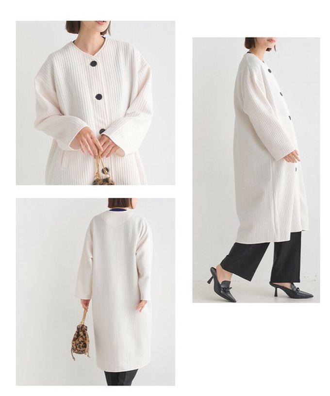 日本 OMNES - 圓領直絎縫修身長版大衣/外套-摩卡棕