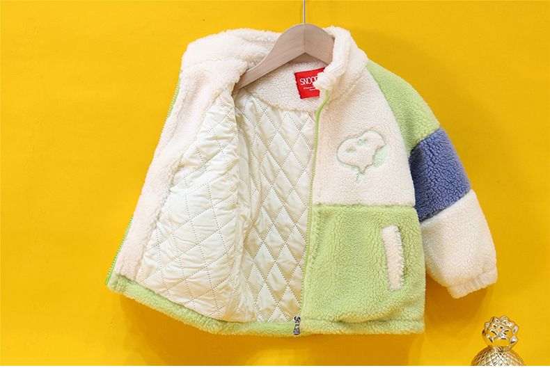 卡通人物史努比羊羔絨半高領拼色外套-SNOOPY刺繡-橘色