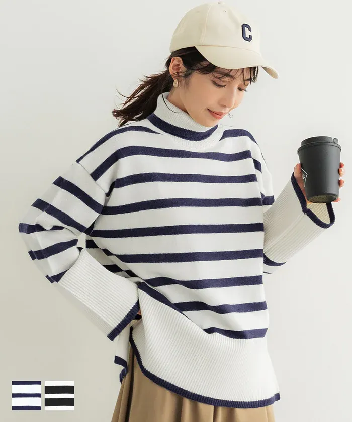 日本 COCA - 時尚條紋針織高領毛衣-白x黑
