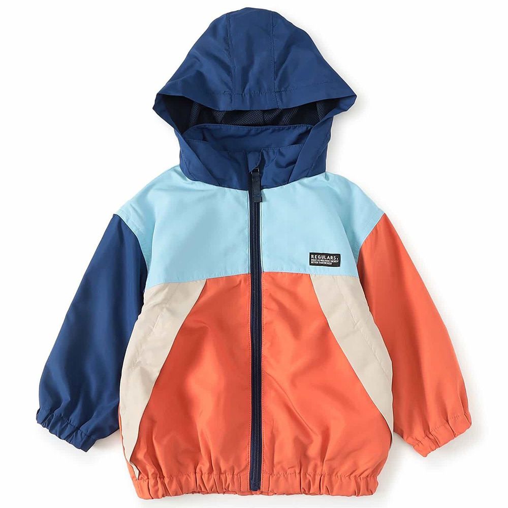 防潑水 輕盈經典連帽風衣外套-藍橘撞色