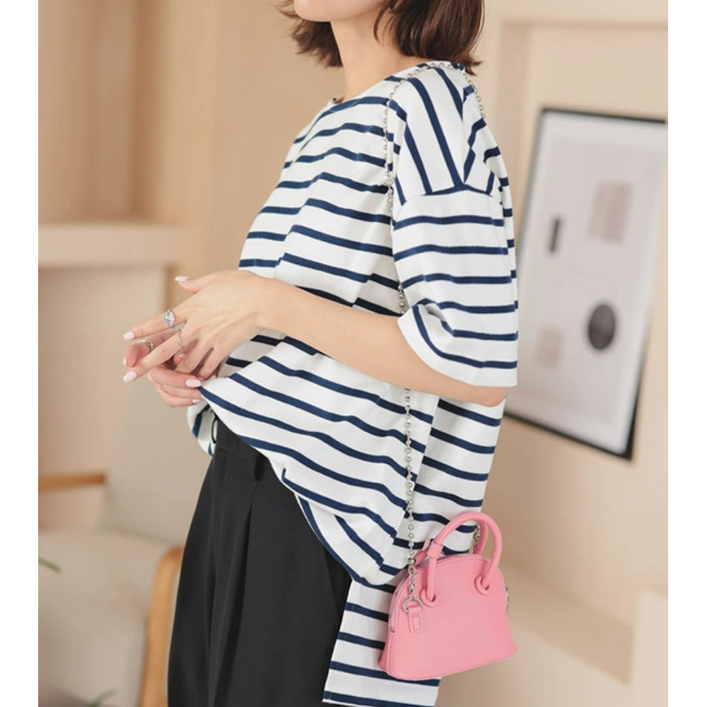 100%棉船領優雅條紋短袖上衣-白x海軍藍