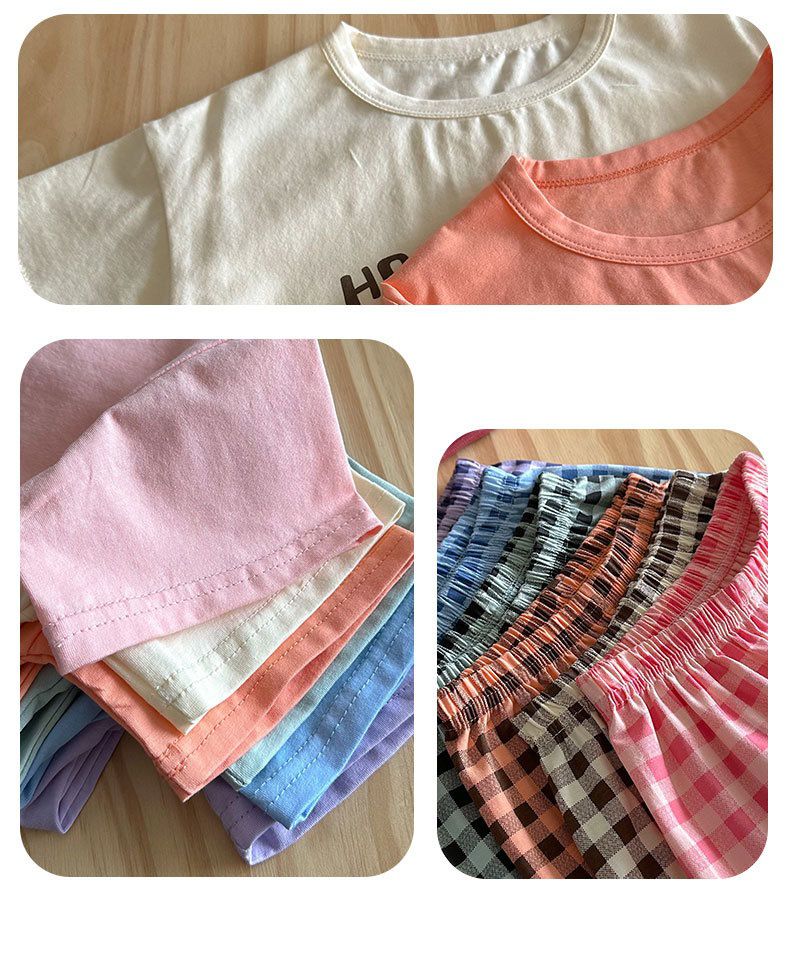 萊卡薄款短袖寬褲家居服套裝/空調服-熊熊+格子褲-奶油白