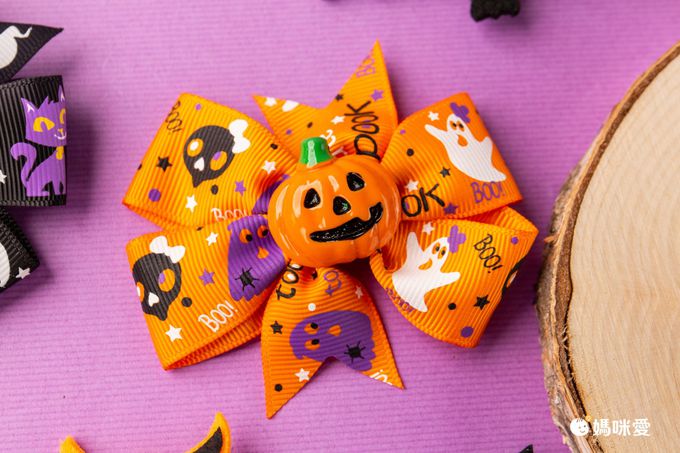 萬聖節蝴蝶結裝飾髮夾-生氣南瓜-橘色