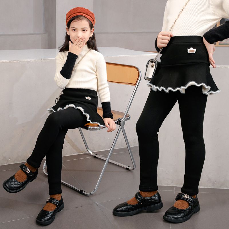 FANMOU - 加絨內搭褲裙-毛毛花邊-粉色