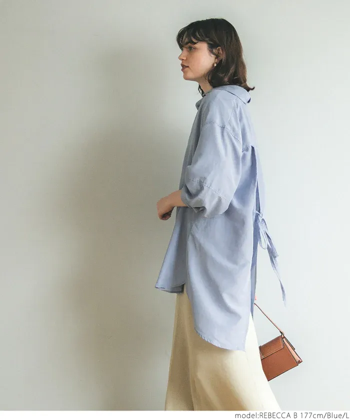 日本 COCA - 百搭後綁帶翻領長版襯衫-米杏