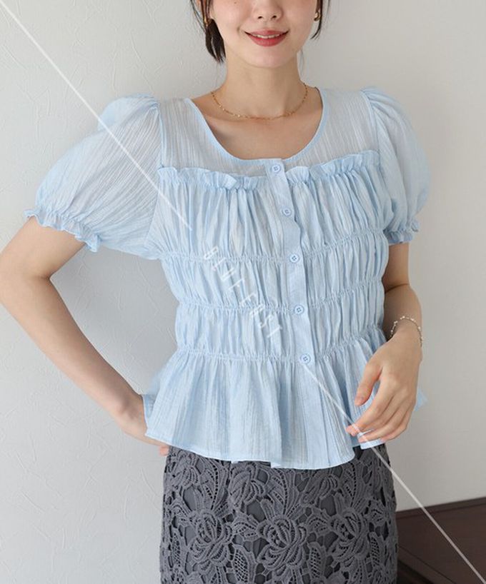 日本 BLUE EAST - 顯瘦皺摺荷葉泡泡短袖上衣-白