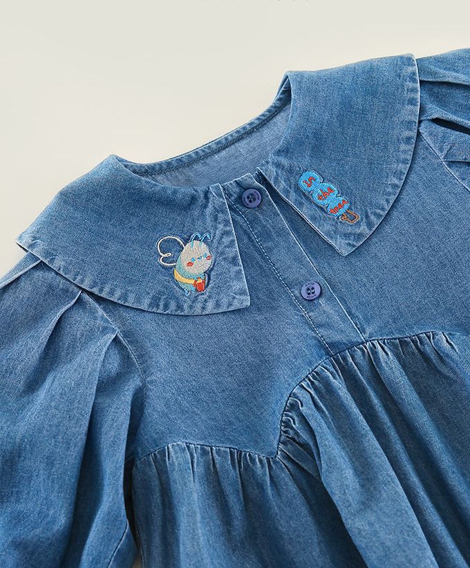 純棉百搭長袖牛仔連身裙-勤勞小蜜蜂-牛仔藍