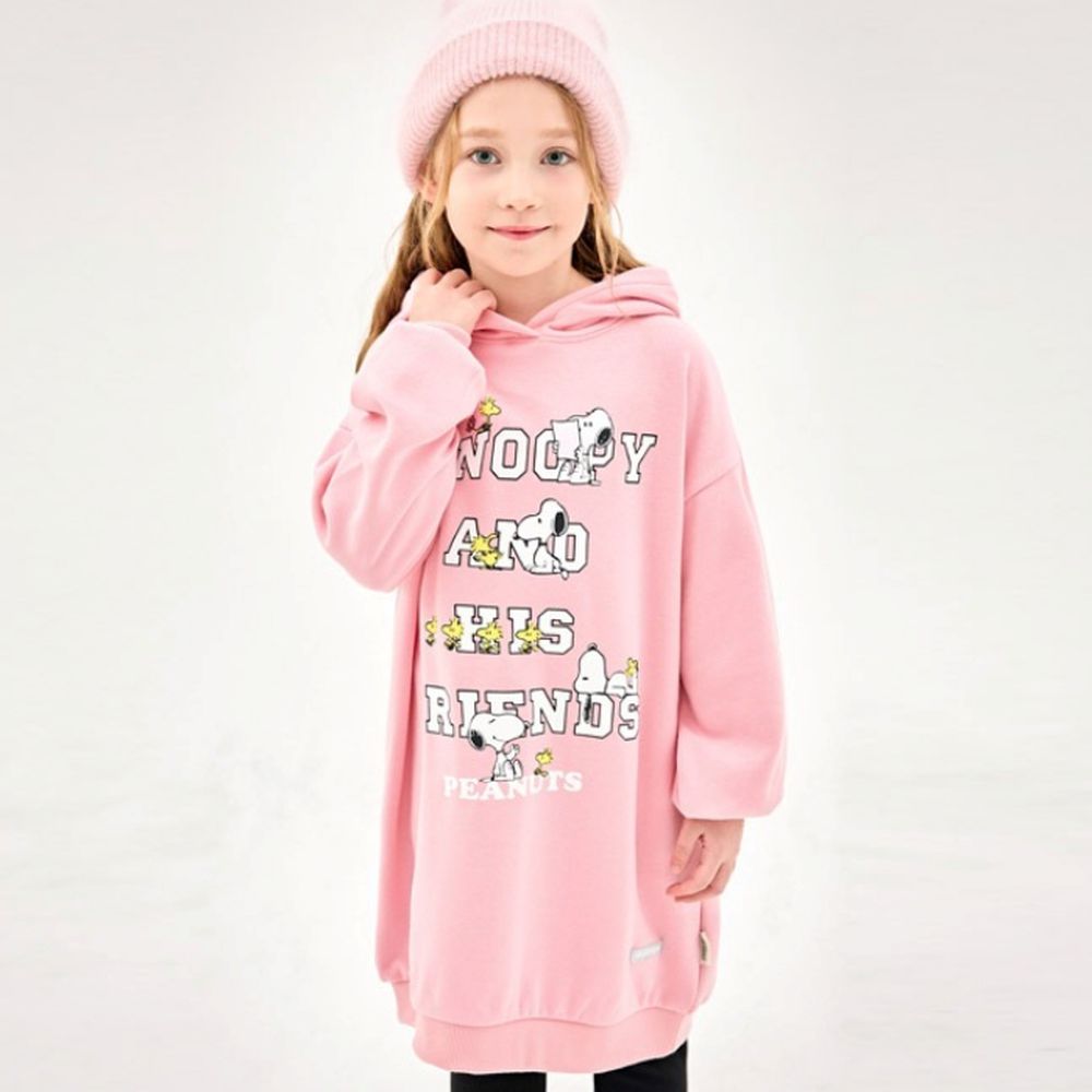 (聯名款)卡通人物史努比內刷毛連帽長袖洋裝-粉
