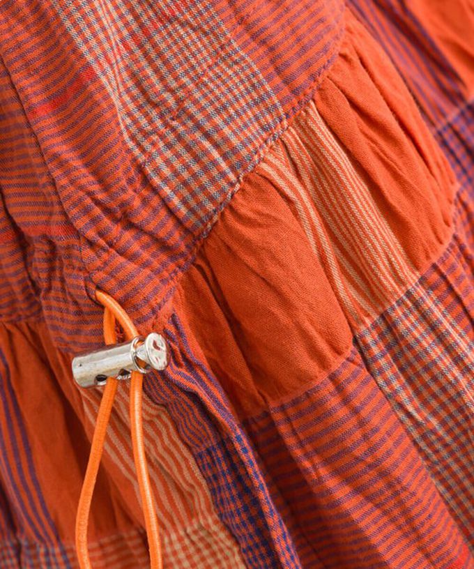 日本 Lupilien - 印度棉 皺皺文青格紋側抽繩長裙-米杏