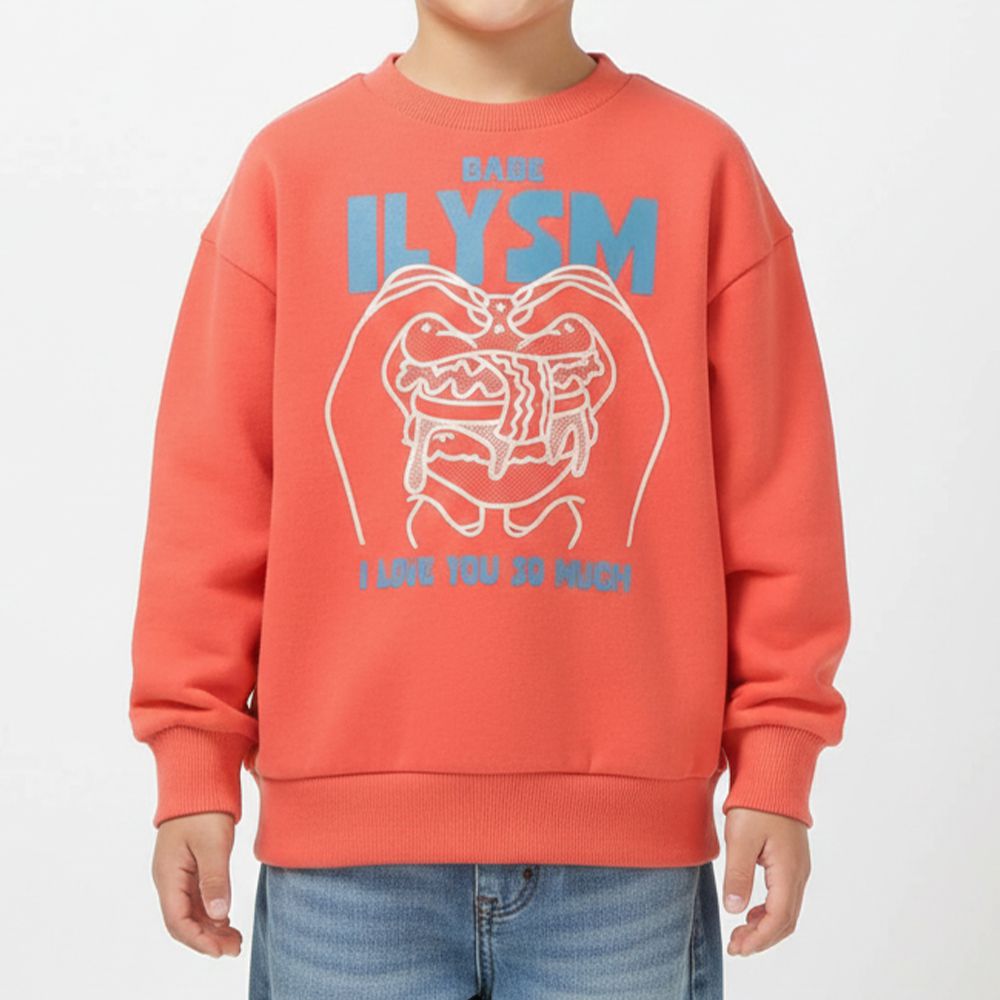 美式餐廳印花裏毛長袖上衣-雙手漢堡-橘