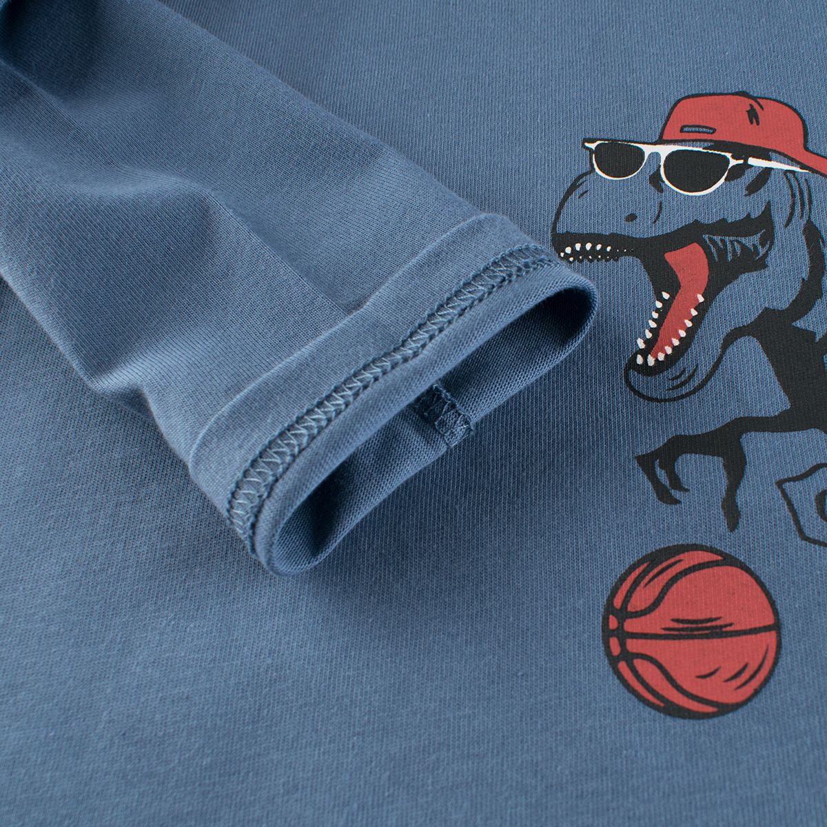 純棉圓領薄長袖上衣-嘻哈籃球恐龍-藍色