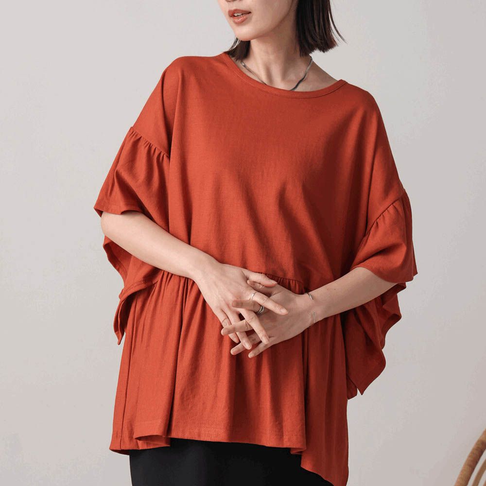 透氣嫘縈飄逸大寬袖上衣-焦糖橘