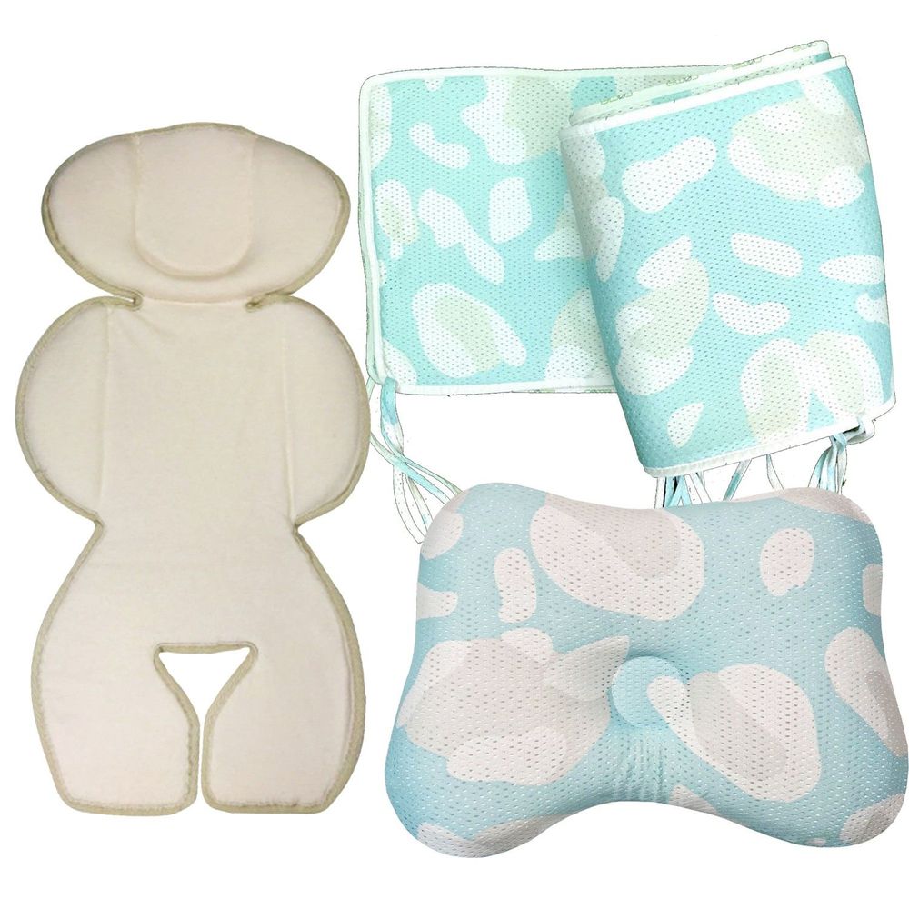 COMFi - 透氣嬰兒定型枕+透氣床圍+冬暖夏涼四季透氣車墊-( 3~24個月)-薄荷綠+薄荷綠+白/有機棉款
