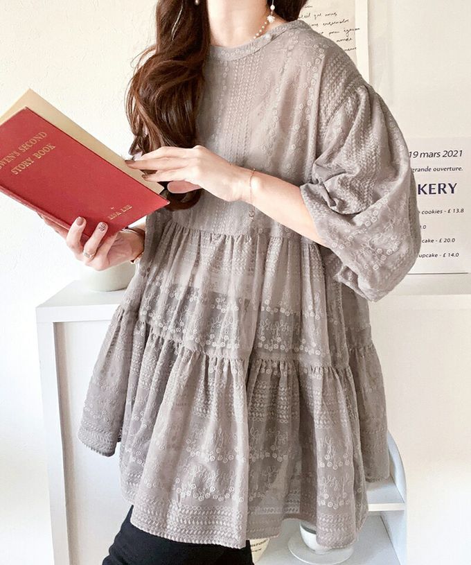 日本 Classical Elf - 3WAY刺繡雕花廓形短袖襯衫-灰藍