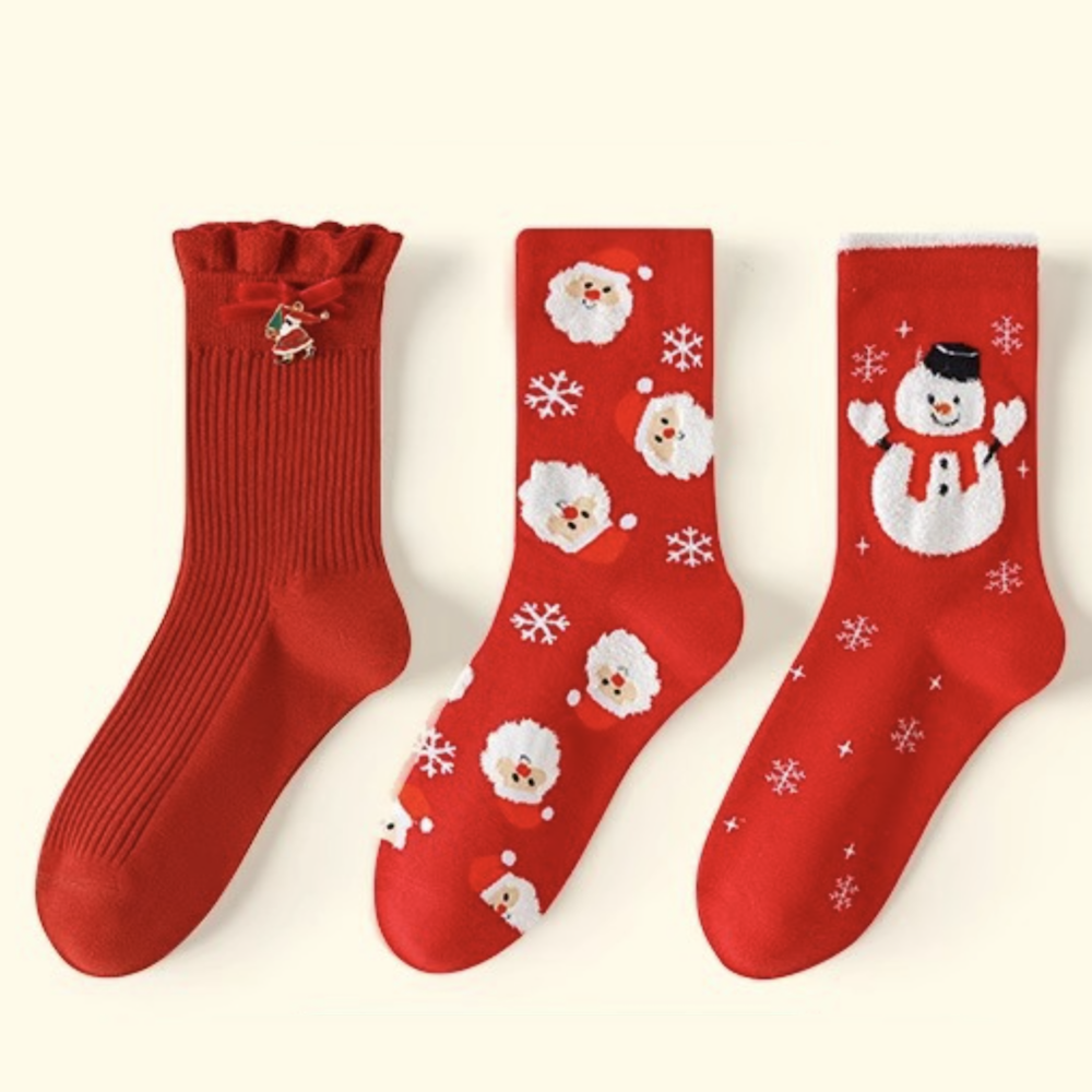 love, charlotte - 聖誕雪人主題中筒棉襪 (均碼腳長22cm+) (FREE (腳長22cm+))-3 雙一組