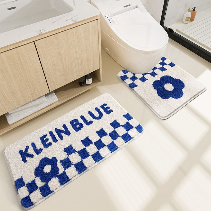 快速吸水植絨洗手台腳踏墊-格紋+花花-藍+白 (40x80cm)