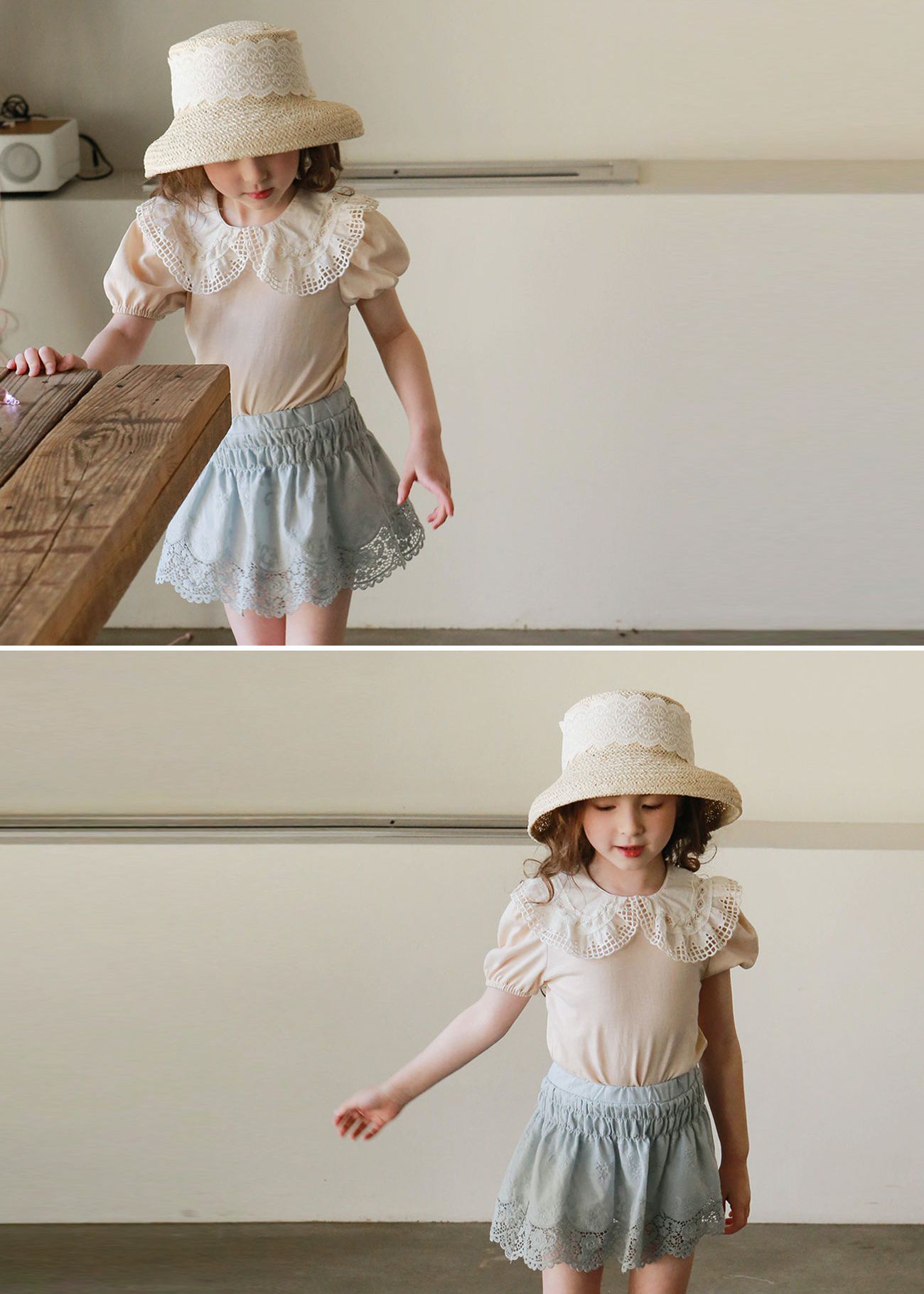 韓國 PuellaFLO - 鏤空格子大白領上衣-蜜桃粉