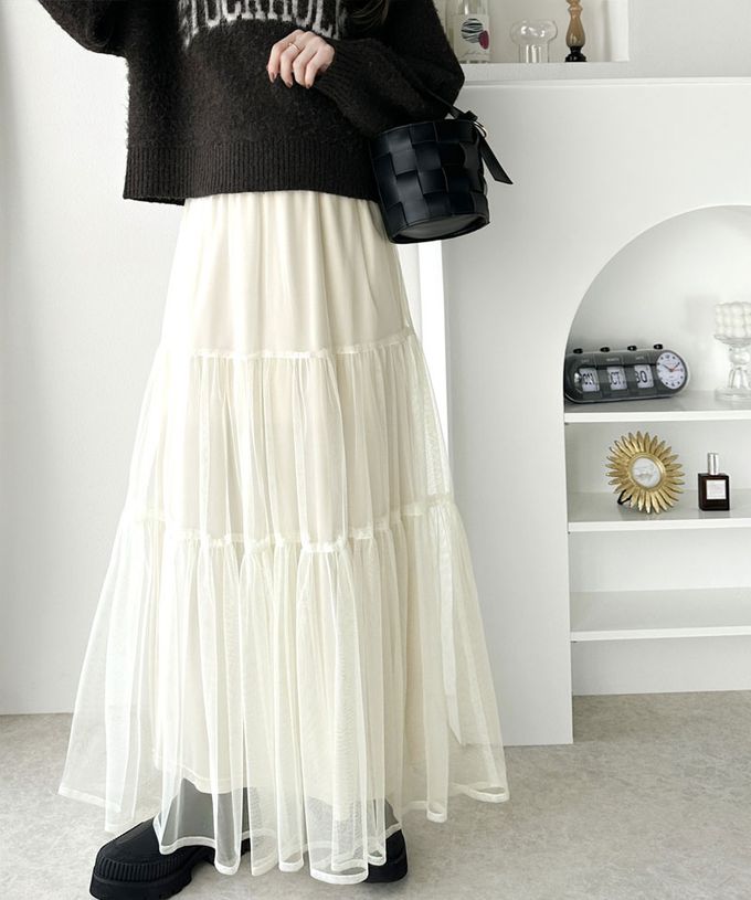 日本 Classical Elf - 百搭浪漫層次澎澎修身紗裙-米杏