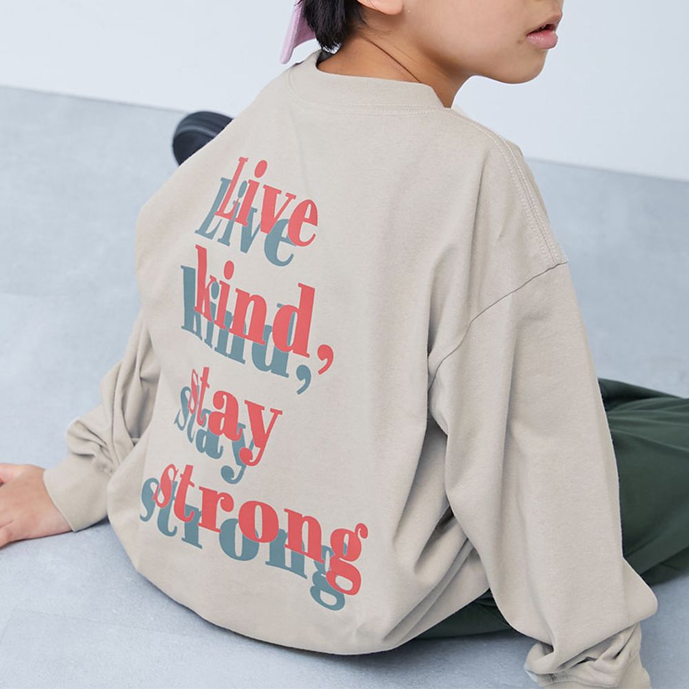 100%棉 寬鬆版型縮口長袖上衣-背後英文標語-淺灰棕