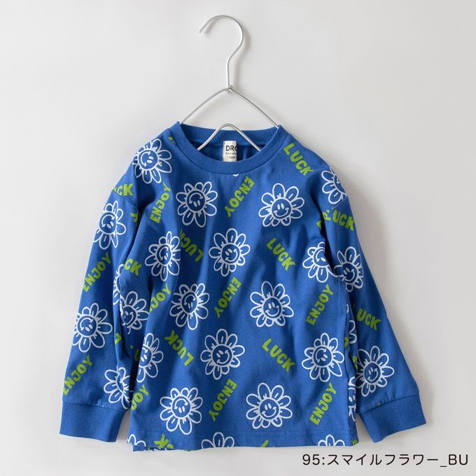 日本 BRANSHES - 100%棉 街頭印花長袖上衣-滿版笑臉小花-黑