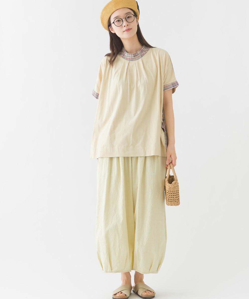 日本女裝代購 - 100%印度棉格紋拼接短袖上衣-深藍