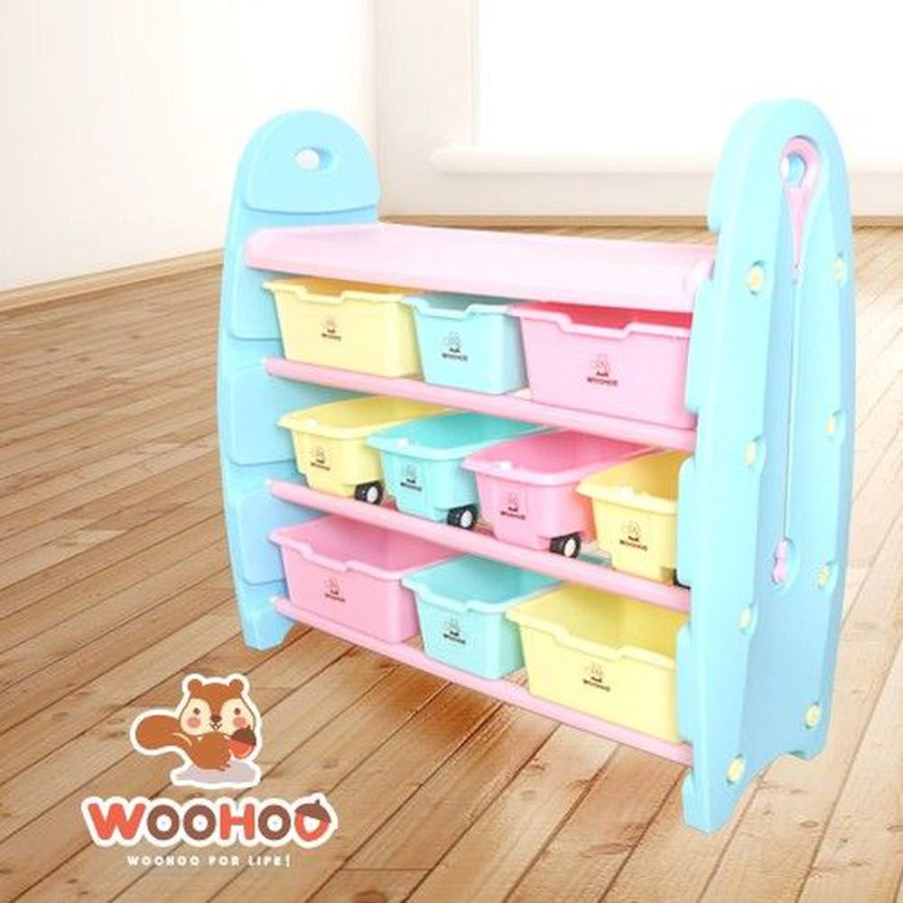 WOOHOO - 兒童玩具收納櫃-四層寬版-藍側板-含大小收納盒