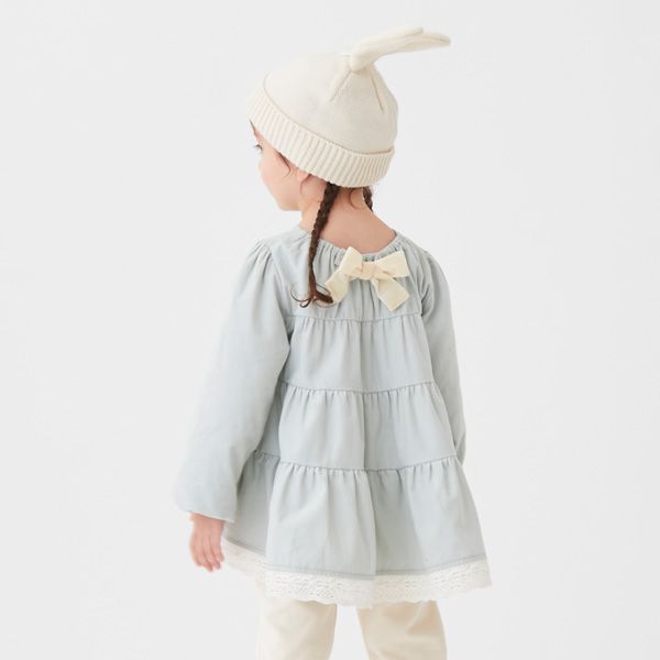 日本 petit main - 背後緞帶分層蛋糕長袖上衣-淺薄荷