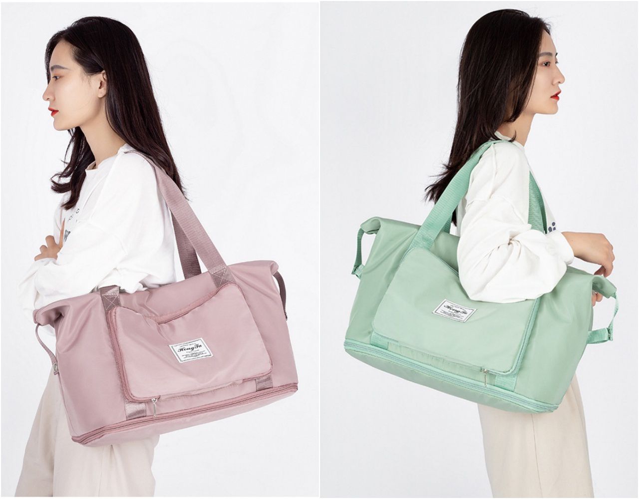 可折疊大容量乾濕分離旅行包-灰配粉